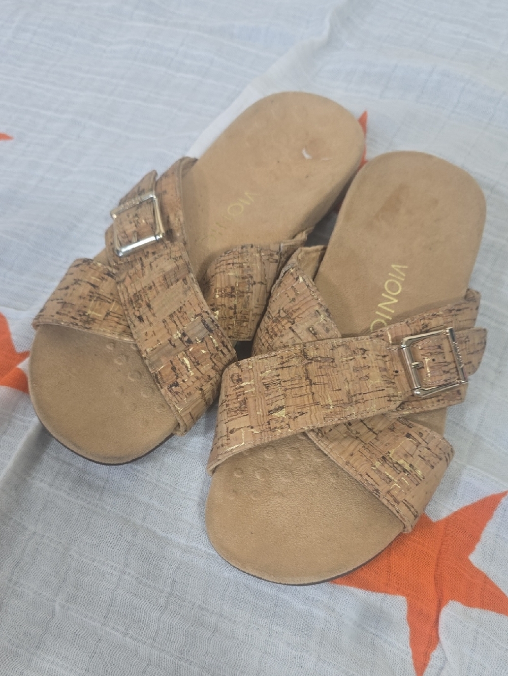 Vionic Cork-Effect Crisscross Slide Sandals in Tan with Gold Accents